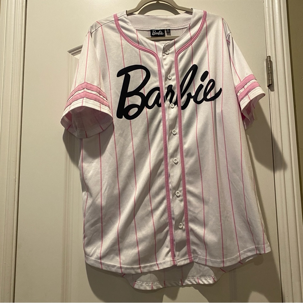 Top, Barbiecore  Button Down Jersey w/Pink Stripes